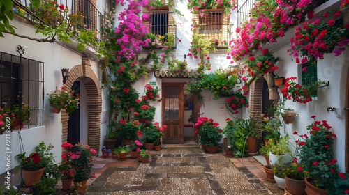 Flowers Decoration of Vintage Courtyard, typical house in Cordoba - Spain, European travel 