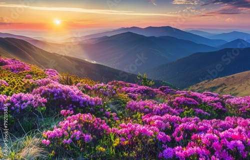 Purple Flowers Field With Mountain Background