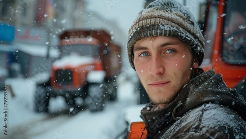 Man Standing in Front of Tractor in Snow