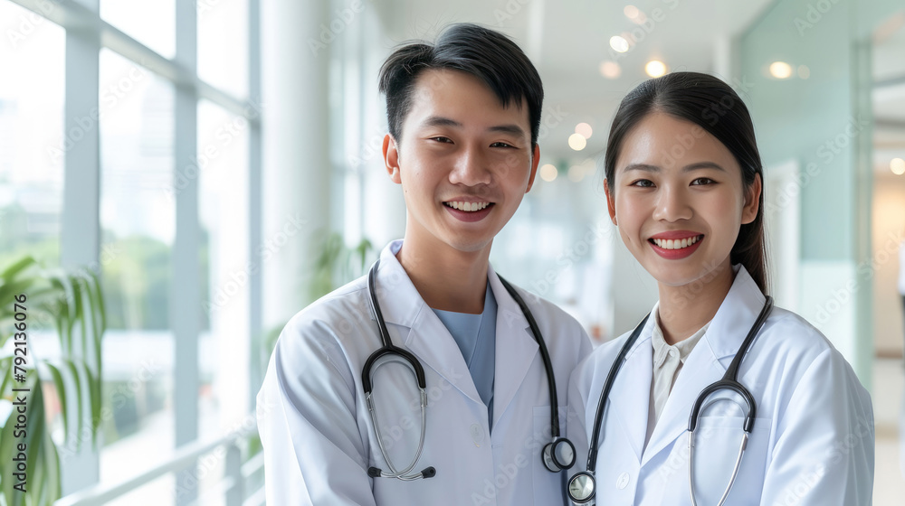 Two medical couples are on duty and wearing white clothes while carrying stethoscopes Two medical couples are on duty and wearing white clothes while carrying stethoscopes