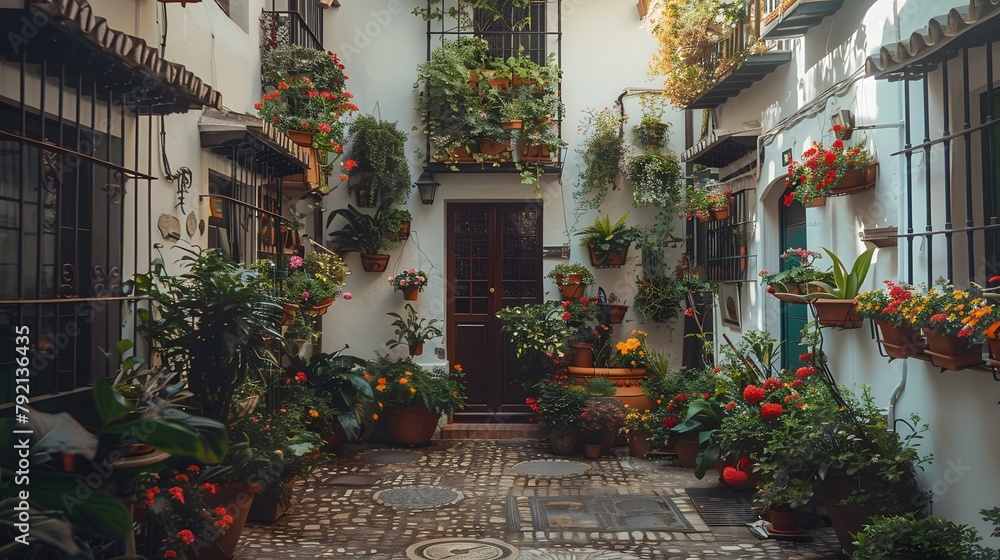 Flowers Decoration of Vintage Courtyard, typical house in Cordoba - Spain, European travel
