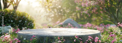 Stone Table Surrounded by Flowers in a Garden