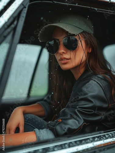 Woman Sitting in Car With Hat and Sunglasses