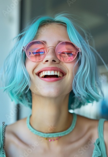 Woman With Blue Hair Wearing Pink Sunglasses