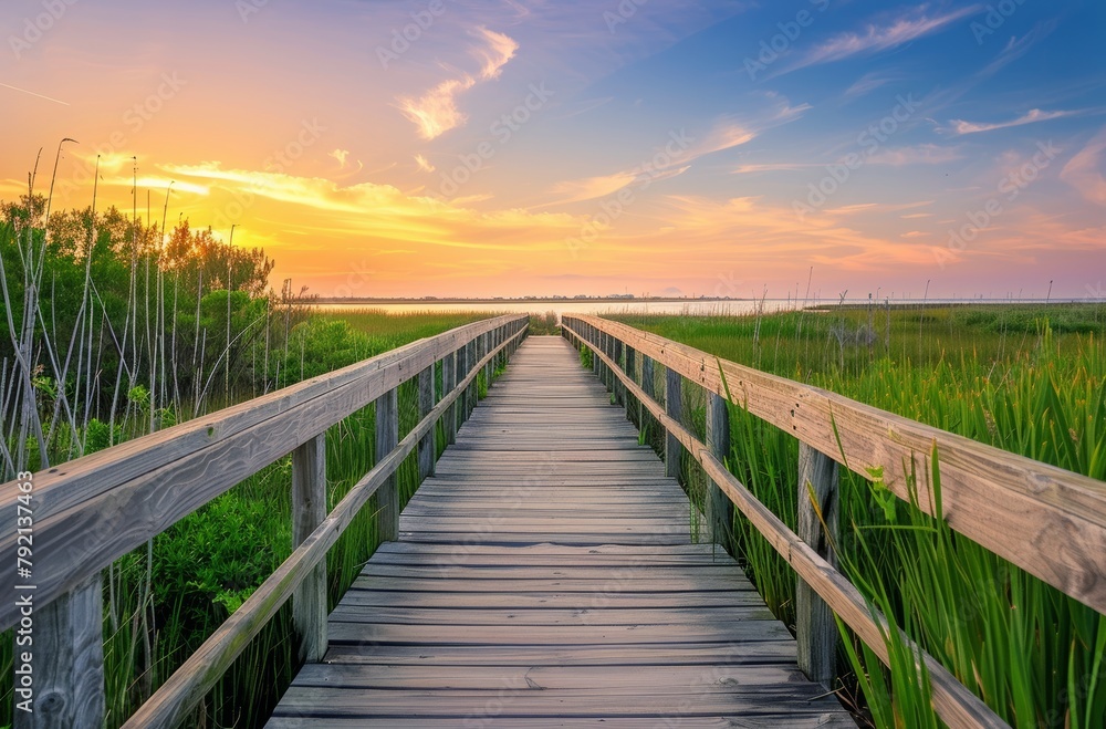 Fototapeta premium Wooden Walkway Leading to Sunset Over Marsh