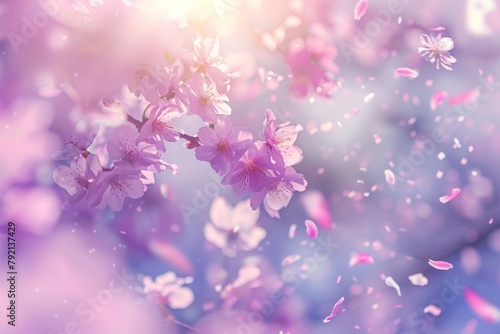 Cherry blossom petals falling in the sky, pastel color background, blurred background Generative AI