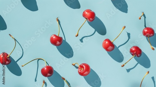 Group of Cherries on Blue Surface