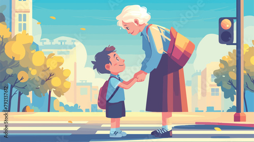 Polite little boy helps smiling old woman to pass t