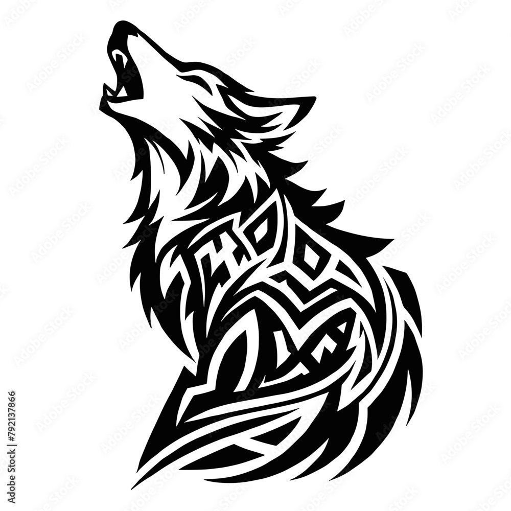 Obraz premium Geometric Wolf Head Tattoo Design in Tribal Style with Abstract Black Patterns