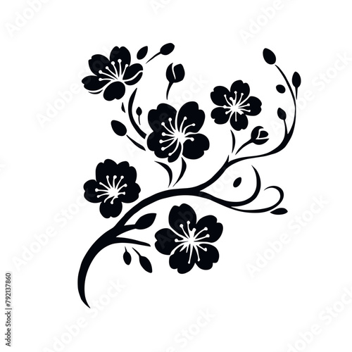 Floral Vine Silhouette Tattoo Design with Elegant Black Flowers and Swirling Stems