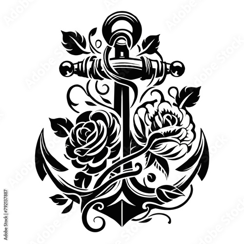 Nautical Anchor Tattoo Design with Floral Embellishments in Black Ink photo