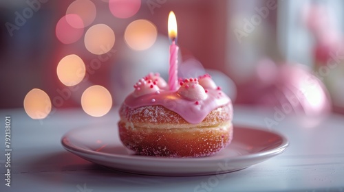 Pink Frosted Donut With Candle