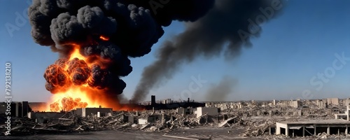 A large explosion with a massive fireball and plume of (dark smoke rising into the air, surrounded by debris and rubble)