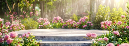 Stone Table Surrounded by Flowers in a Garden