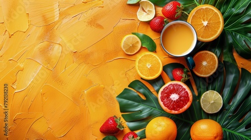 Fresh Oranges, Strawberries, Lemons, and Orange Juice