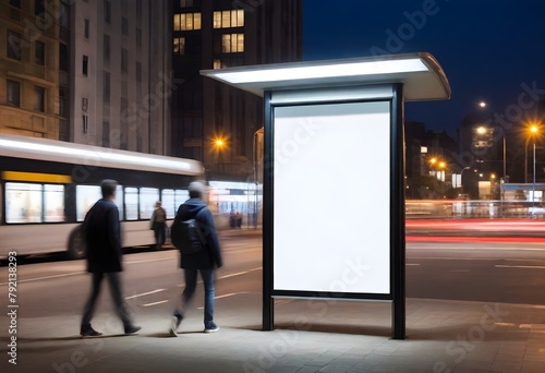 A blank billboard at a bus stop in a city at night, with blurred motion of people walking by and a bus passing in the background