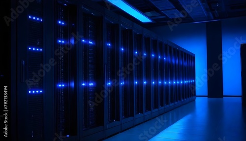 Rows of servers in a dark data center with blue lighting