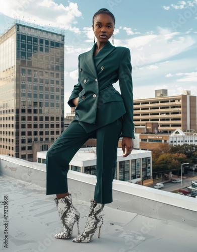 Woman in Green Suit at Street Corner