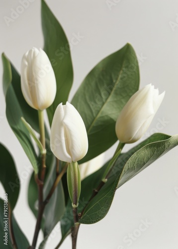 Group of White Tulips With Green Leaves