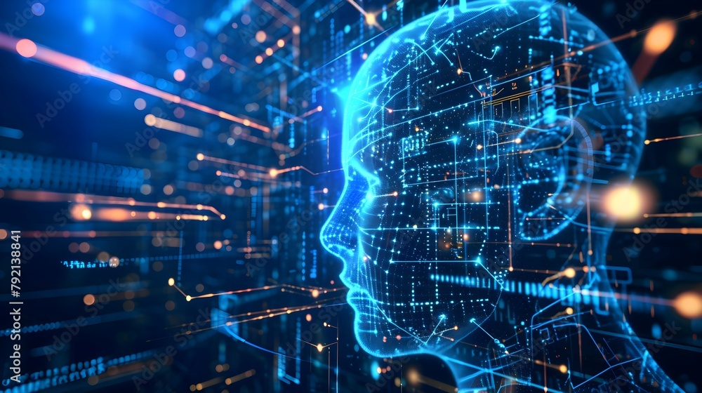 brain and human face connected to the motherboard, abstract future technology concept illustration brain and human face connected to the motherboard, abstract future technology concept illustration