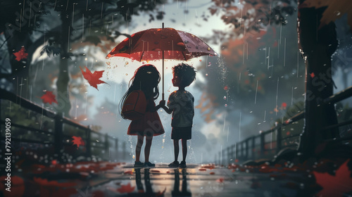 A boy and a girl stand under an umbrella in the rain photo