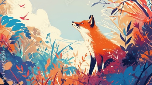 2d illustration depicting a cunning and mysterious fox in its natural habitat photo