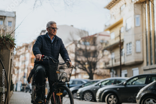 Senior man enjoying a leisurely bike ride through urban streets.
