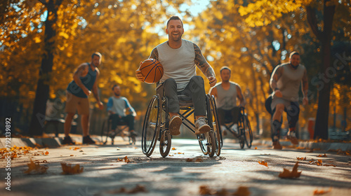 friends on wheelchair practicing basketball in a park at day
