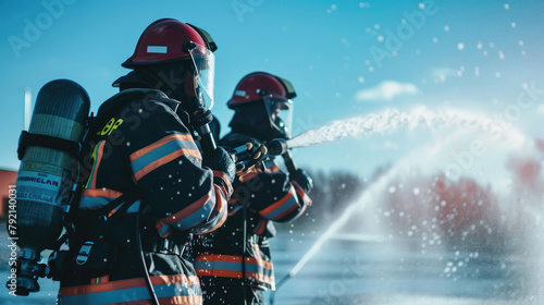 Two firefighters are spraying water, wearing full uniforms while carrying oxygen cylinders