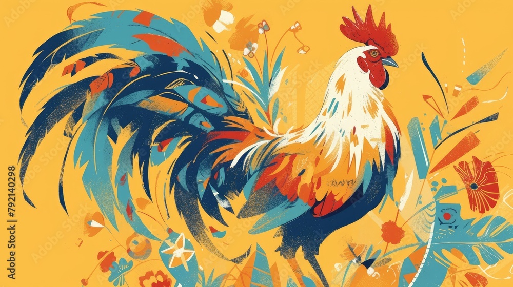 Vibrant Vektor illustration of a Ukrainian folk inspired rooster standing out in its unique style against a plain background