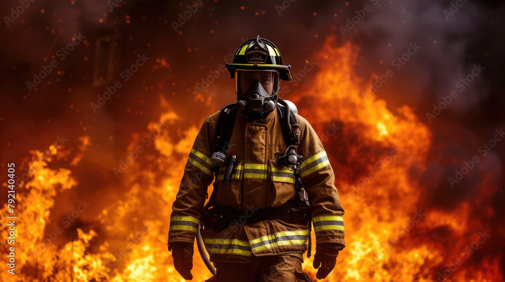 Naklejka premium Firefighters wear full uniforms against the backdrop of burning flames