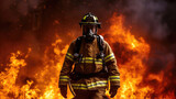 Firefighters wear full uniforms against the backdrop of burning flames