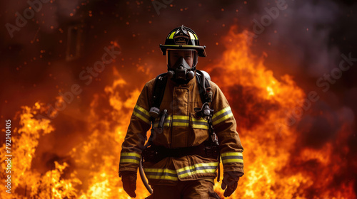 Firefighters wear full uniforms against the backdrop of burning flames