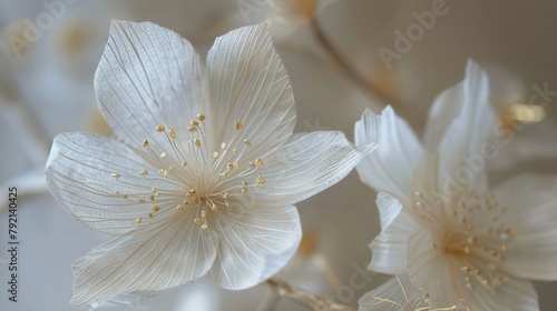 Two White Flowers Close Up on Blurry Background