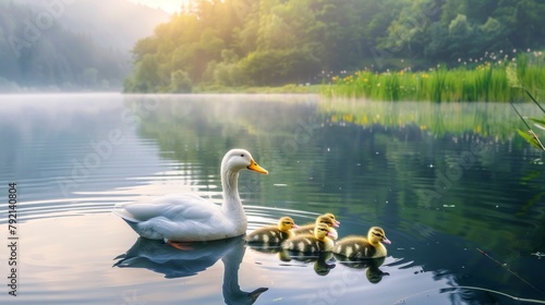 BEAUTIFUL duck with her ducklings on a calm lake at dawn in high resolution and high quality. animals concept