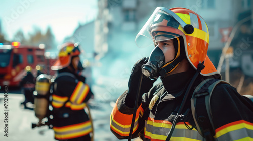 Portrait of a handsome fire officer wearing a full uniform while wearing a master, fire building background