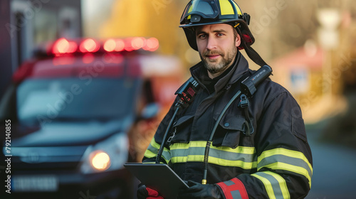 American firefighter holding a tablet and wearing full uniform, at the scene of the incident, outdoor background
