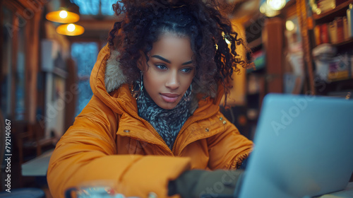 Woman Sitting at Table Using Laptop Computer