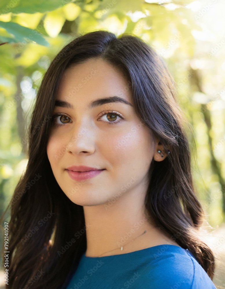 A portrait of a woman with dark hair and a striking turquoise eye, reflective expression A portrait of a woman with dark hair and a striking turquoise eye, reflective expression