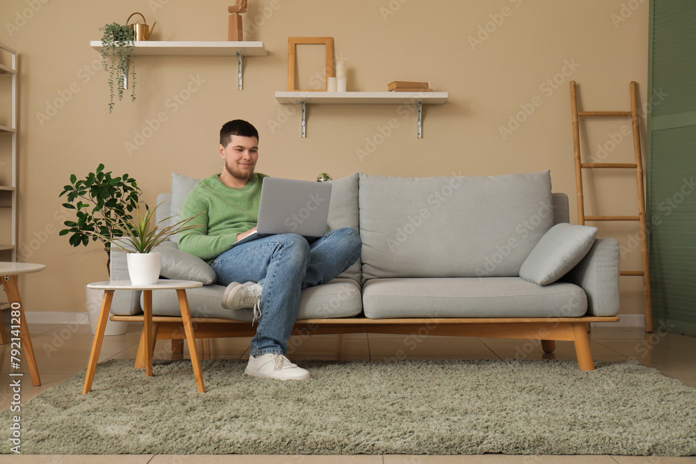 Young man sitting on sofa and using laptop in living room