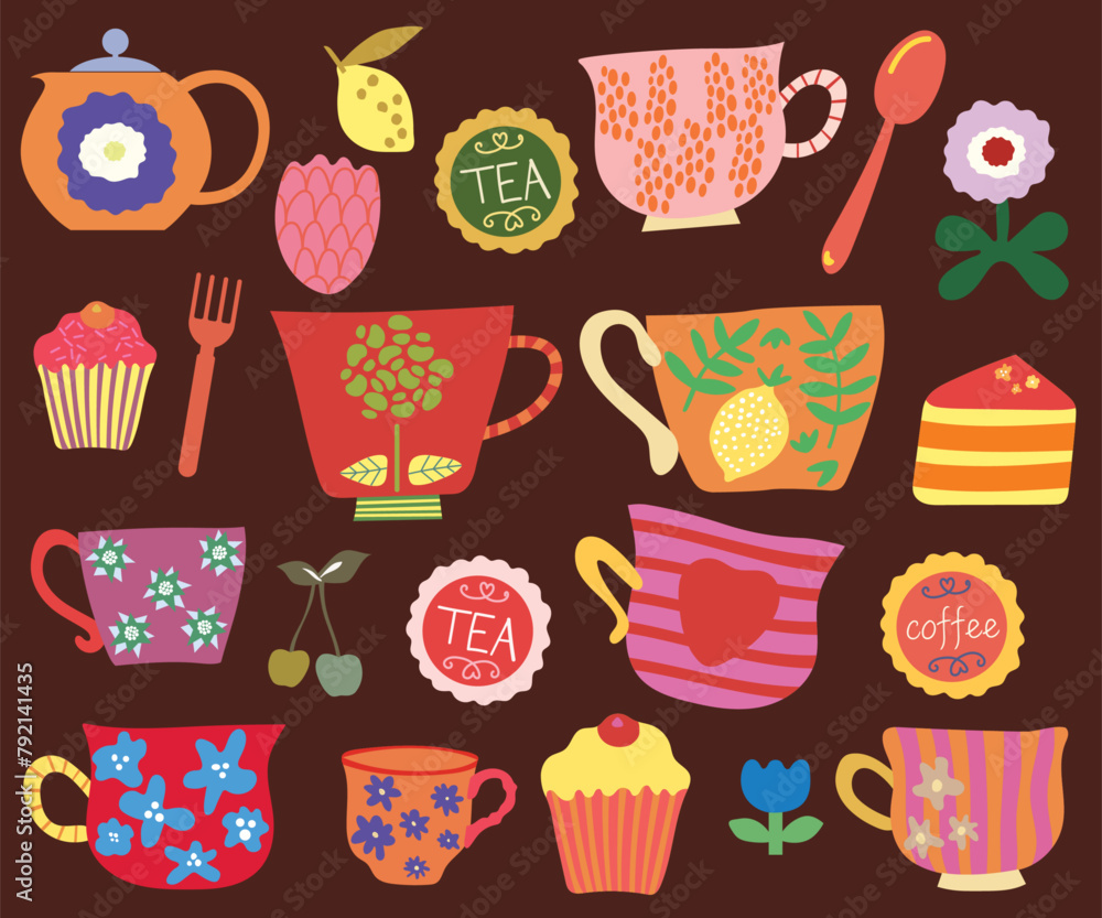 Tea Cup Mug Cup Cake with Flower Pattern Vector Tea Cup Mug Cup Cake with Flower Pattern Vector