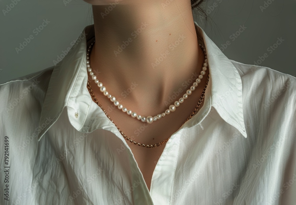 Woman Wearing White Shirt and Pearl Necklace