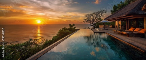 A Stunning Sunset Over the Ocean With a Pool
