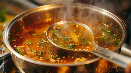 A close-up of a ladle scooping piping hot Tom Yum soup into a bowl, showcasing the vibrant colors and rich flavors of the dish. photo