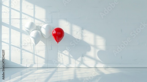 Imagine a scene where a group of white balloons is clustered together against a white wall background, with window reflections and shadows adding depth to the setting.  photo