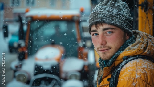 Man Standing in Front of Tractor in Snow