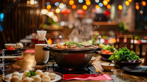 A cozy restaurant setting with tables set for Tom Yum hot pot dining, featuring a bubbling pot at the center and a variety of fresh ingredients.
