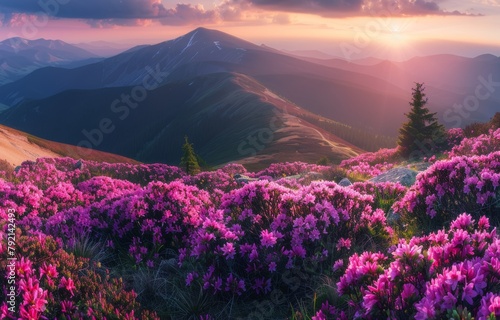 Purple Flowers Field With Mountain Background