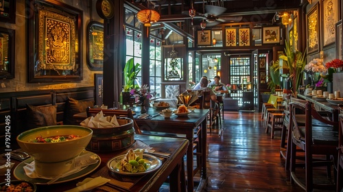 A cozy Thai restaurant interior adorned with traditional , where diners savor bowls of aromatic green curry with tender pork and creamy coconut milk.