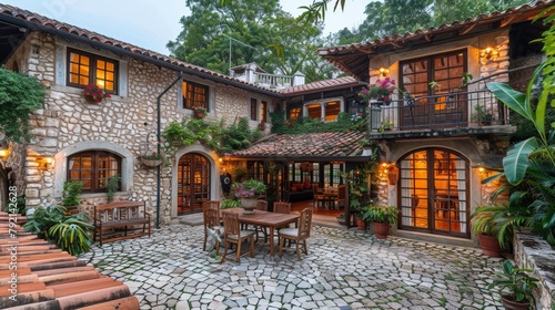 Patio With Couches and Tables in Front of a House